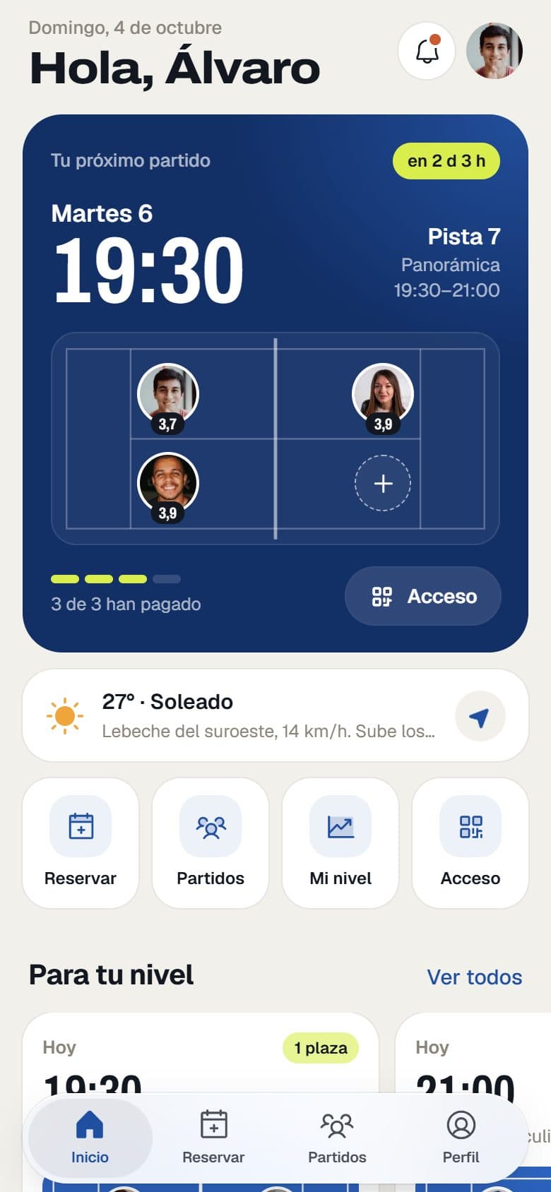 Home: your next match, who has paid and club access.