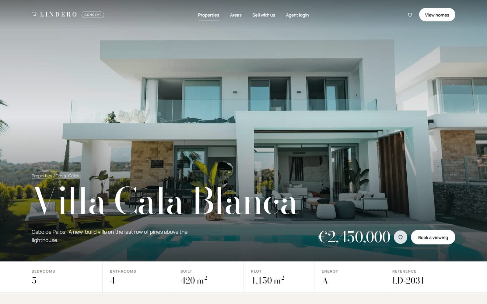 Ficha de la villa: la foto de la tarjeta se convierte en la portada al entrar.