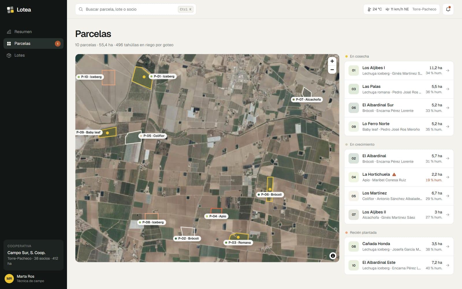 Real plots on the IGN aerial photo, with their status and probe.