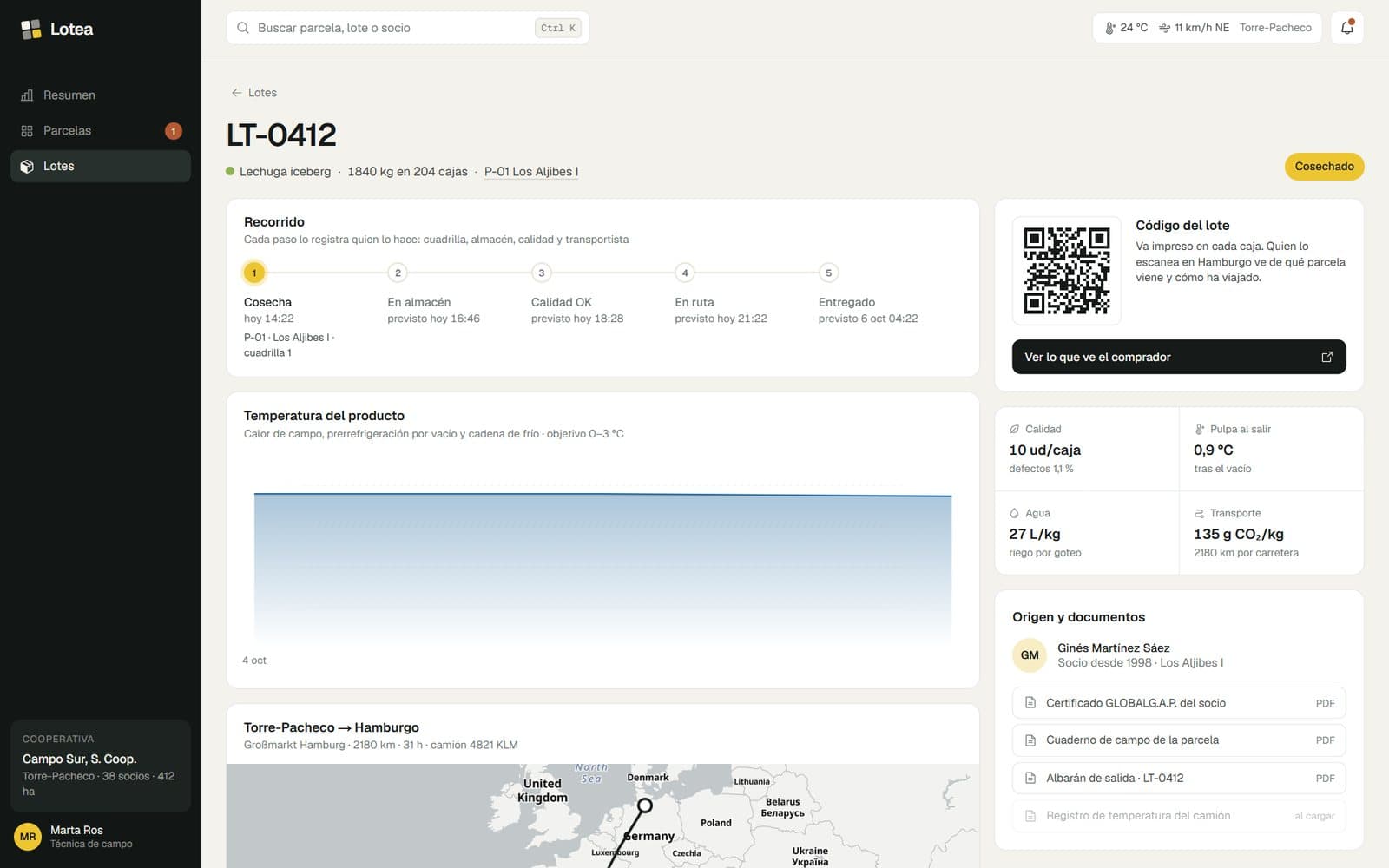 A lot's page: its journey, temperature, the QR on its boxes and the grower's documents.